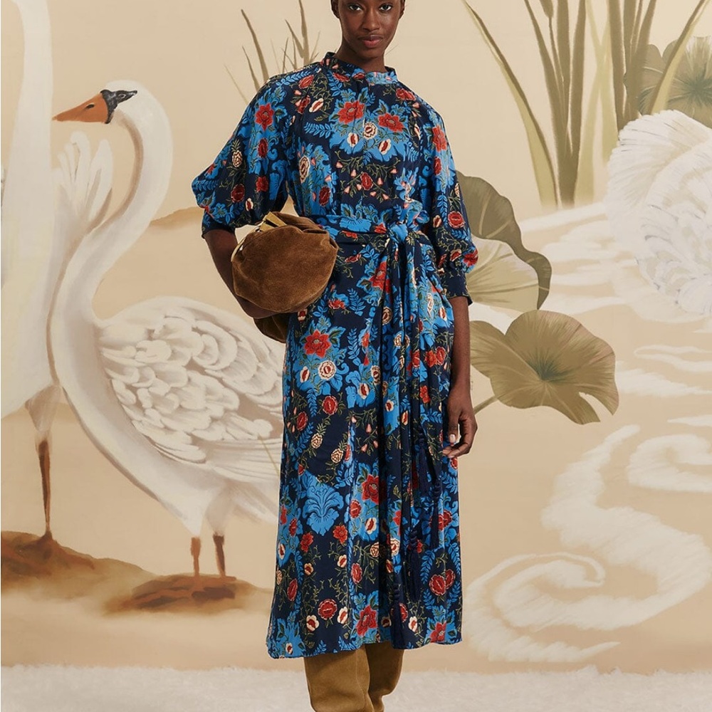 Farm Rio Blue Arabesque Floral Midi Dress *missing belt